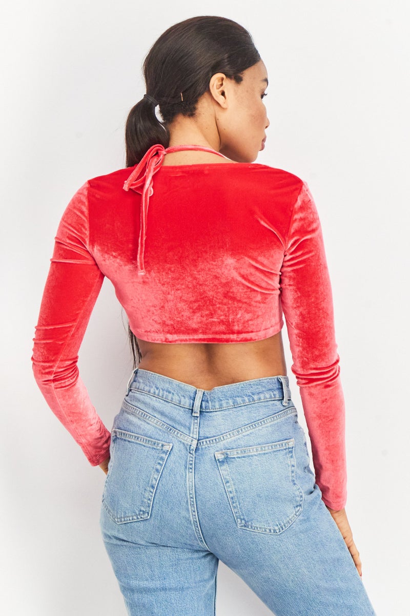 NA-KD Women Halter Neck Long Sleeve Velvet Top, Red - Image 2